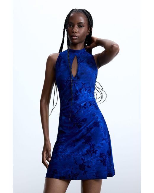 Desigual Blue Flocked Dress, Polyester
