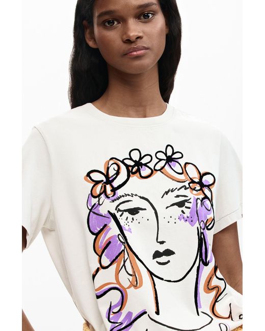 Desigual White Printed Face T-Shirt, Cotton