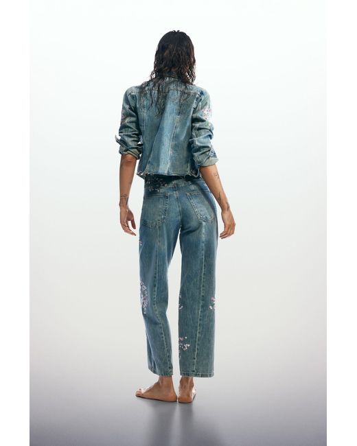 Desigual Blue Embroidered Denim Jacket, Cotton