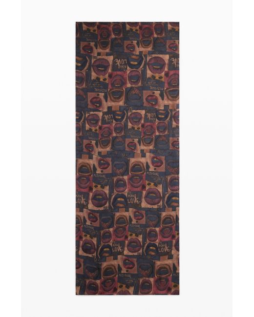 Desigual Brown Rectangular Scarf Lips, Viscose