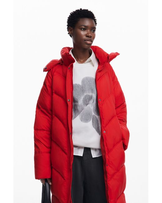 Desigual Long Padded Coat in Red Lyst