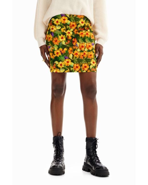 Desigual Yellow Slim Floral Mini Skirt, Cotton