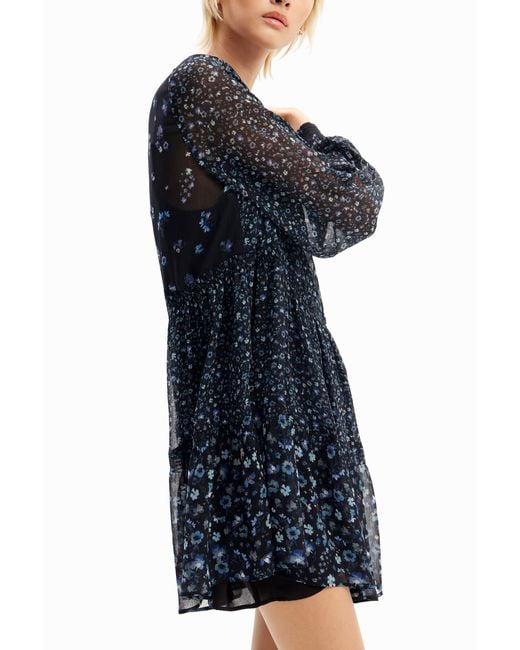 Desigual Blue Short Floral Chiffon Dress, Polyester