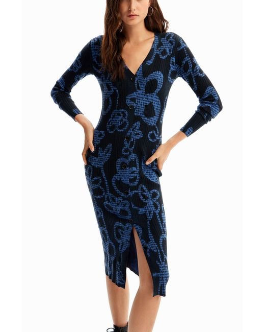 Desigual Blue Floral Knit Midi Dress