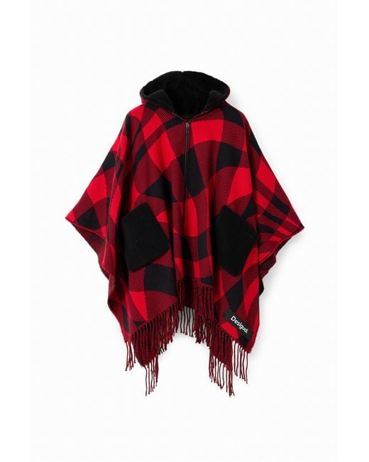 Desigual Red Plaid Hooded Poncho, Polyester