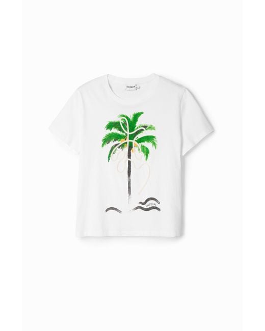 Desigual Green Hand-painted Palm Tree T-shirt