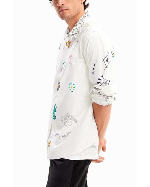Desigual White Illustrated Shirt With Messages, Cotton for men