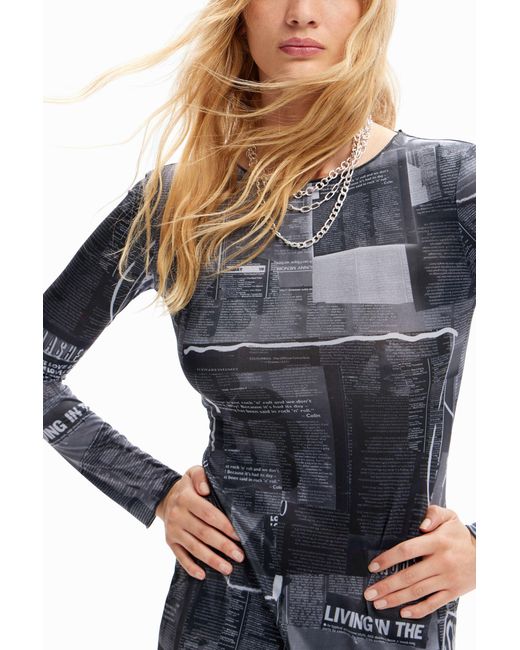 Desigual Blue Slim Newspaper Midi Dress, Polyester