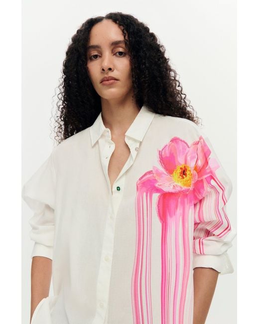 Desigual White Gloss Flower Shirt, Cotton