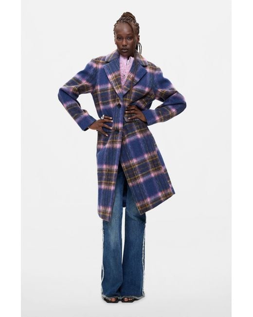 Desigual Blue Long Checkered Coat