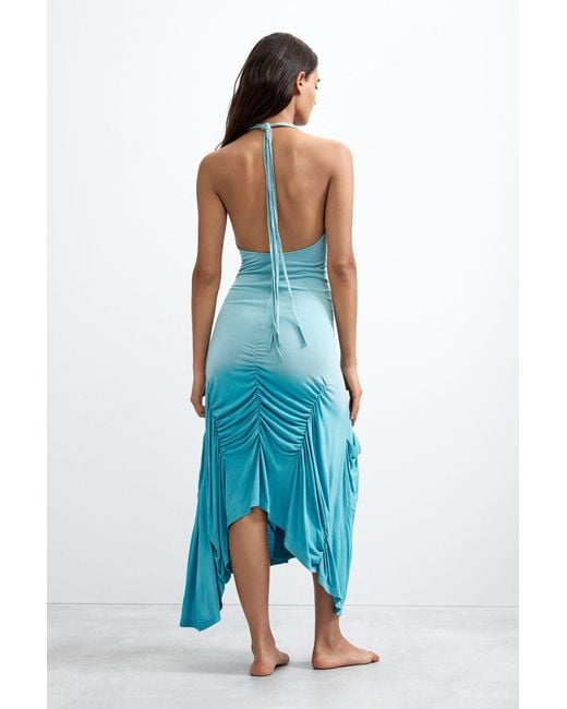 Desigual Blue Vintage Halter Dress With Lettering, Viscose