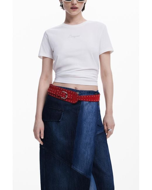 Desigual Blue Crossed Denim Midi Skirt, Cotton