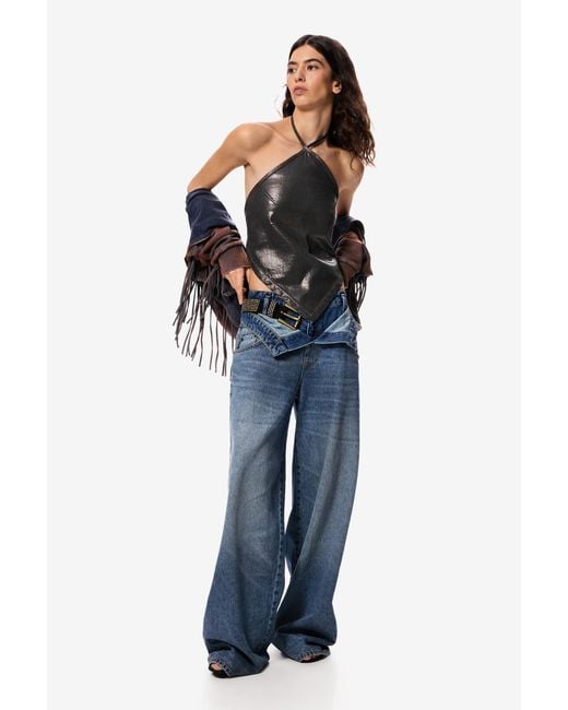 Desigual Blue Double Waistband Denim Trousers Masha Popova, Cotton