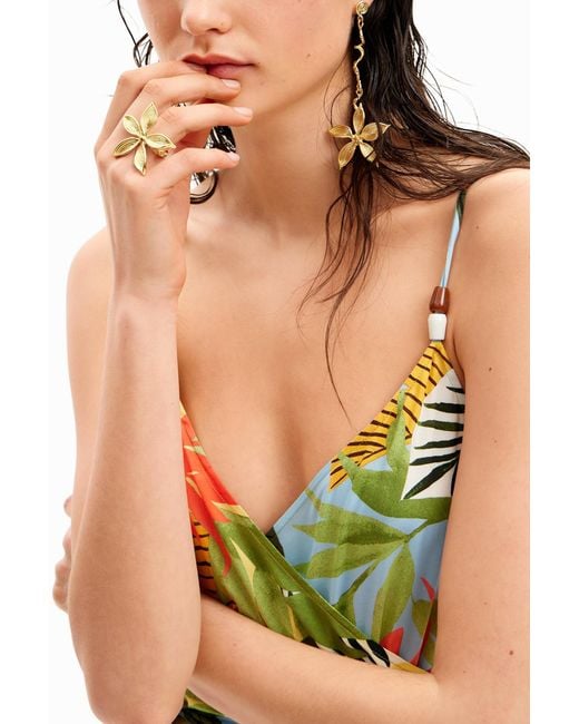 Desigual Yellow Tropical Wrap Midi Dress, Viscose