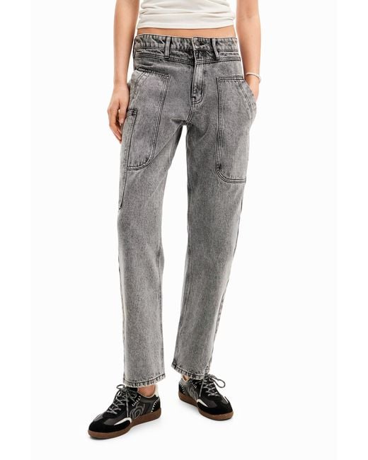 Desigual White Straight Patchwork Jeans, Cotton
