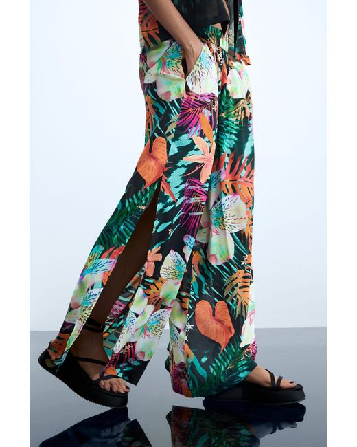 Desigual Blue Floral Print Trousers, Viscose