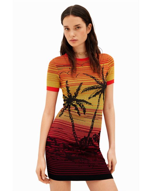 Desigual Red Short Knit Palm Tree Dress