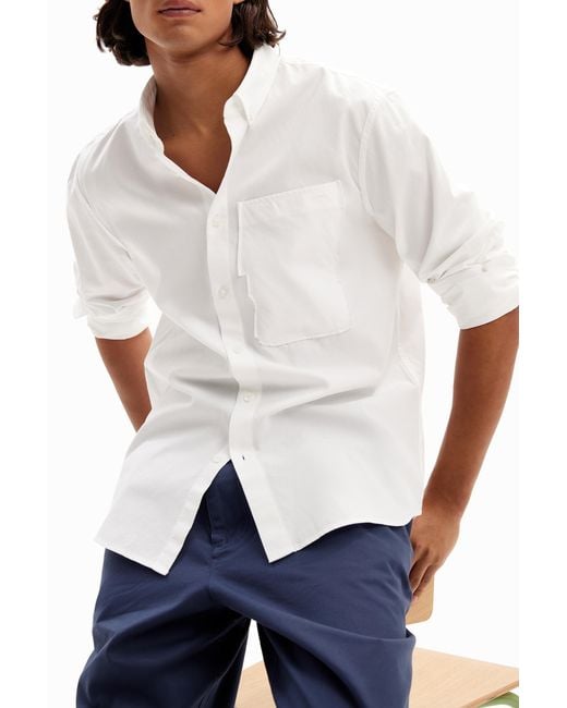 Desigual White Patchwork Poplin Shirt, Cotton for men