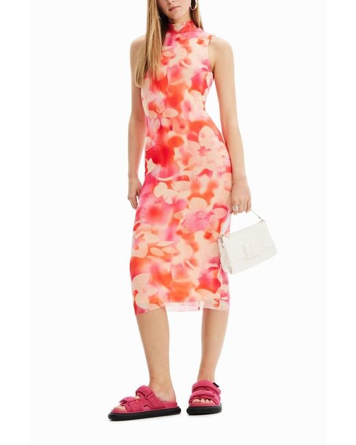 Desigual White Floral Tulle Midi Dress, Polyester
