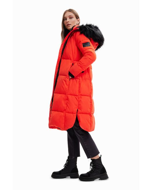 Desigual Red Long Padded Coat With Belt