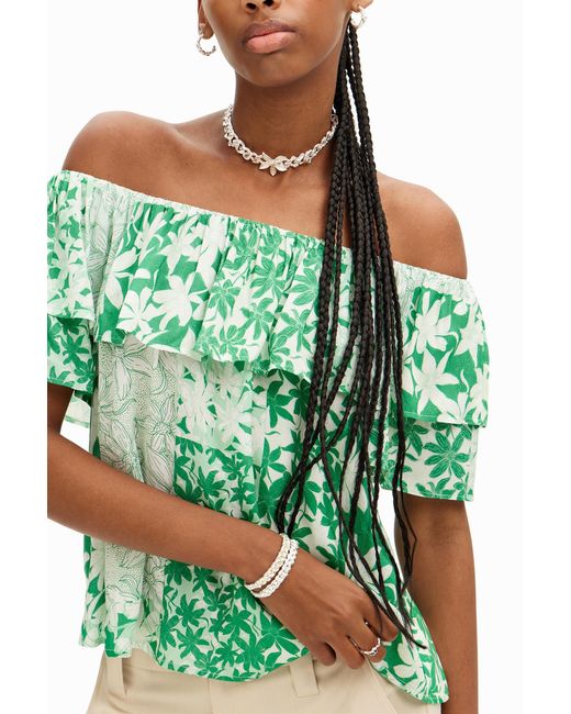 Desigual Green Patchwork Floral Ruffle Blouse, Viscose