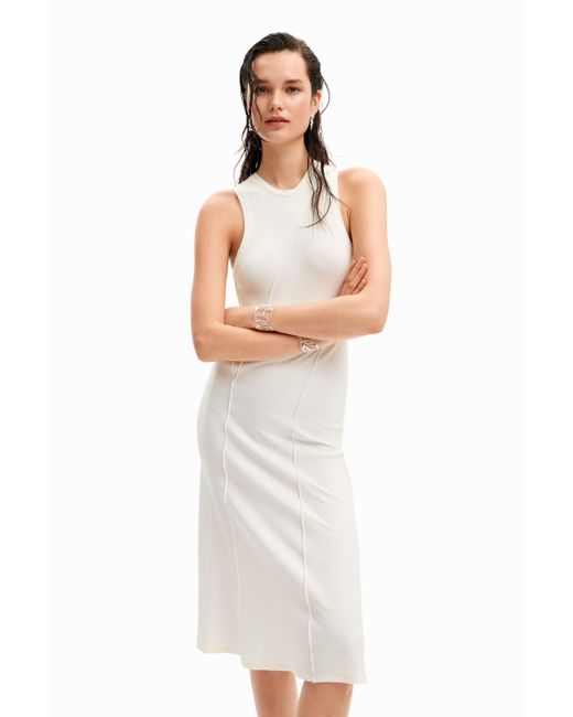Desigual White Ribbed Patchwork Midi Dress