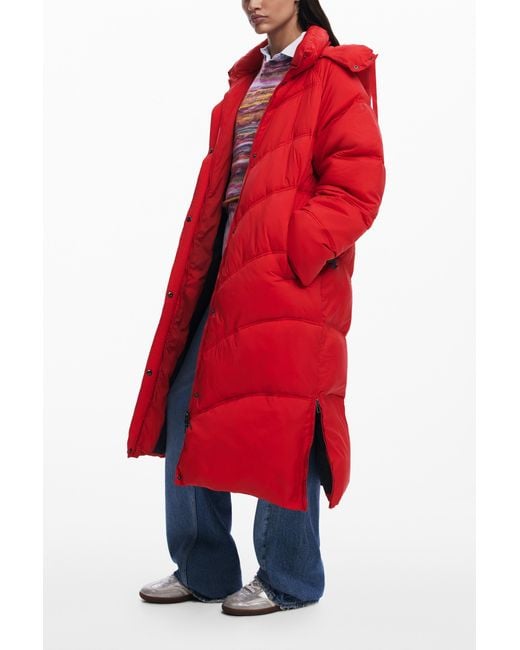 Desigual Red Long Padded Coat, Polyamide
