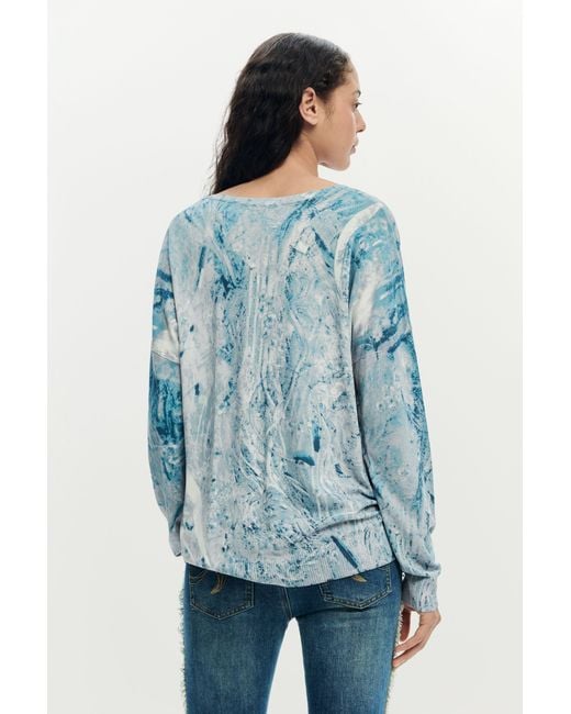 Desigual Blue V-Neck Sweater With Abstract Print