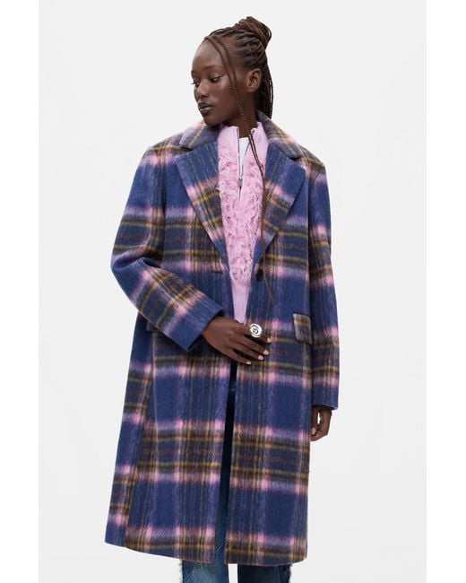 Desigual Blue Long Checkered Coat