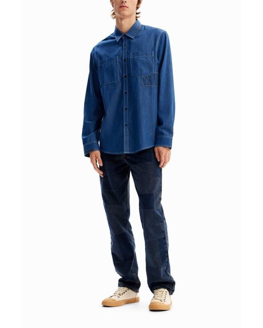 Desigual Blue Patchwork Pockets Shirt, Cotton for men