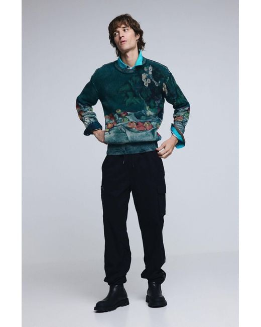 Desigual Blue Still Life Texture Sweater, Cotton for men