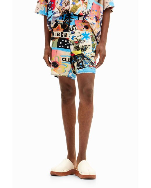 Desigual Blue Marine Watercolor Swimsuit, Polyester for men