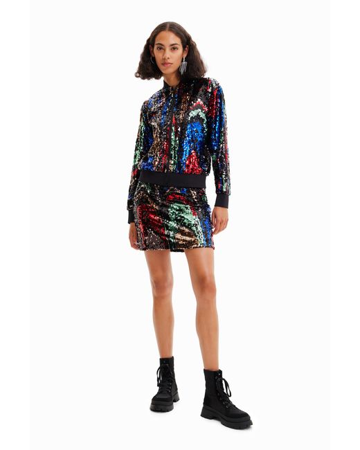 Desigual Blue Sequin Bomber Jacket, Polyester