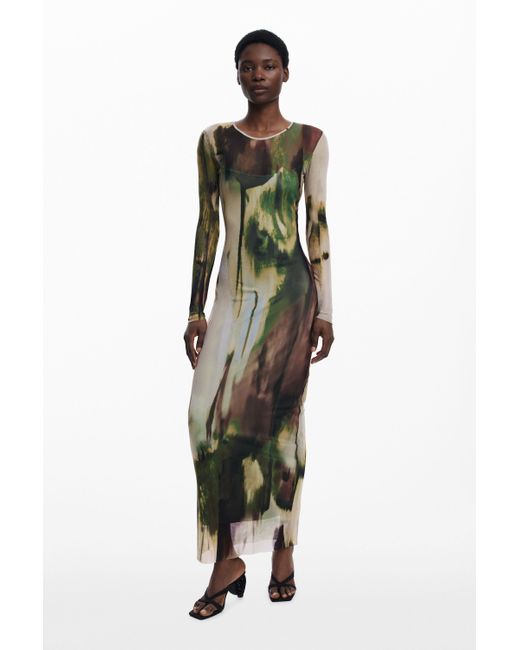 Desigual Green Long Tulle Dress, Polyester