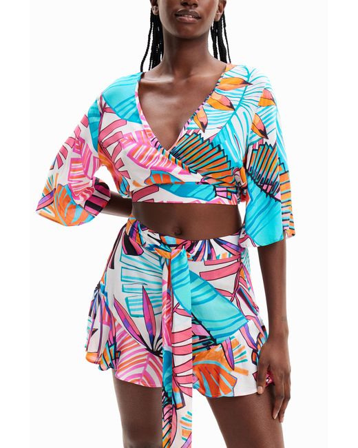 Desigual Blue Tropical Wrap Crop Top, Viscose