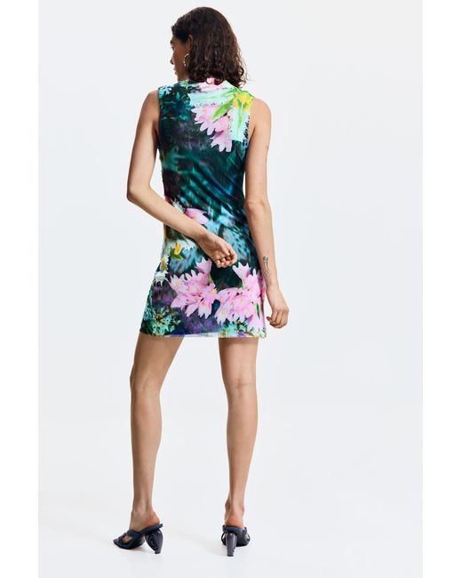 Desigual Blue Draped Floral Dress, Polyester