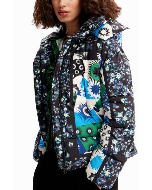 Desigual Blue Padded Patchwork Jacket, Polyester