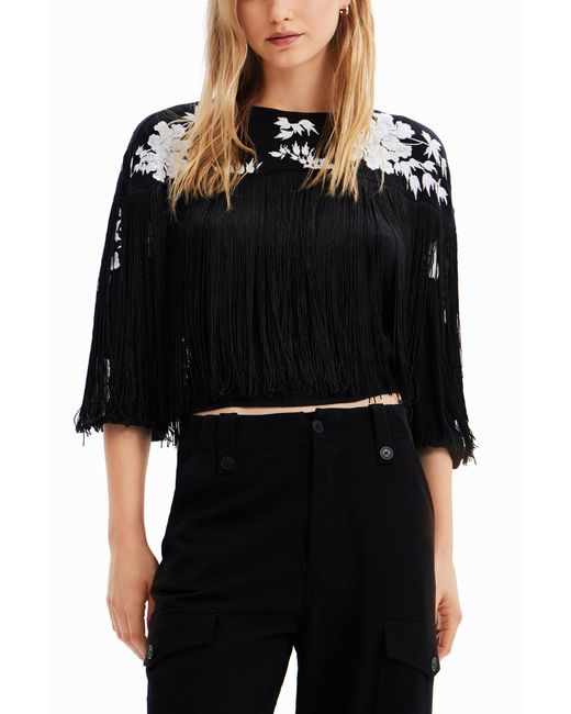 Desigual Black Fringed Embroidered Blouse, Viscose