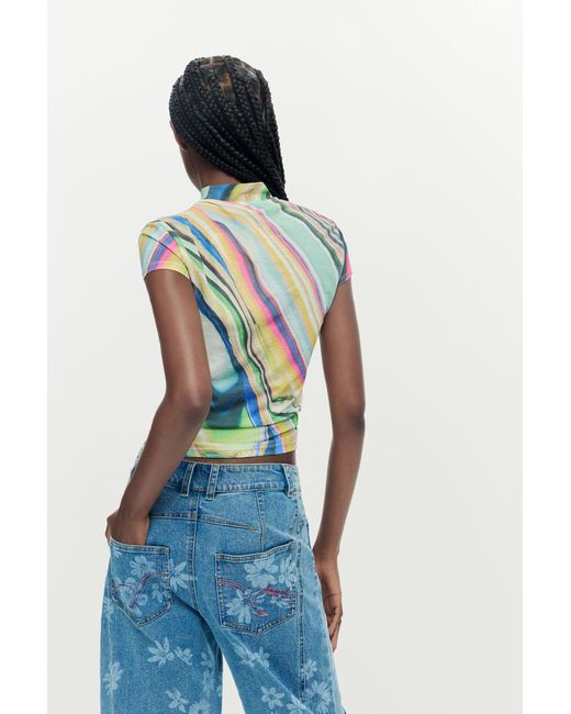 Desigual Blue Printed Wavy T-Shirt, Polyester