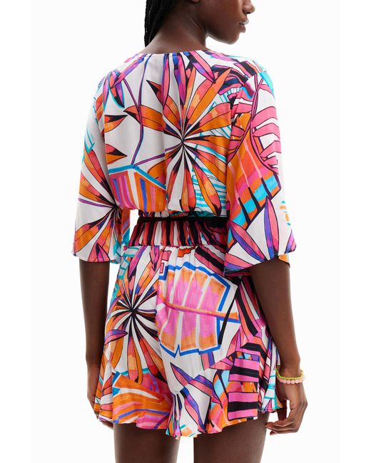 Desigual Blue Tropical Wrap Crop Top, Viscose