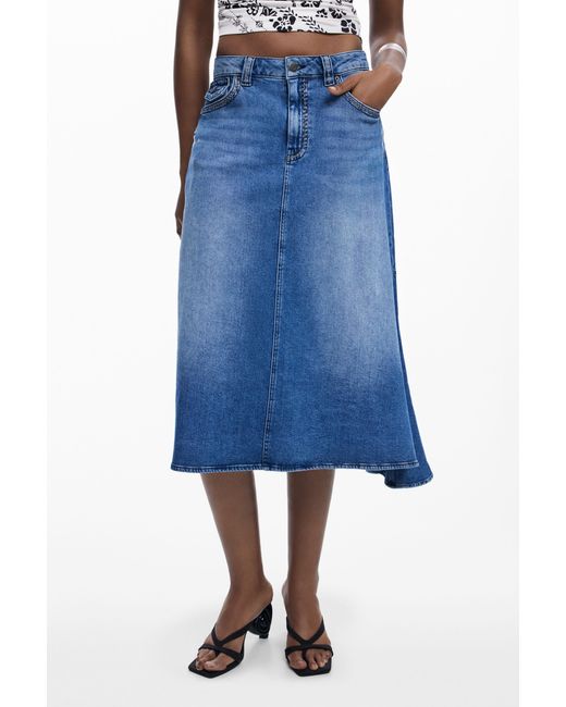 Desigual Blue Asymmetric Midi Denim Skirt, Cotton
