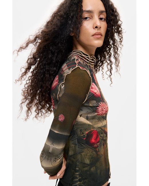 Desigual Black Printed T-Shirt With High Neck, Viscose