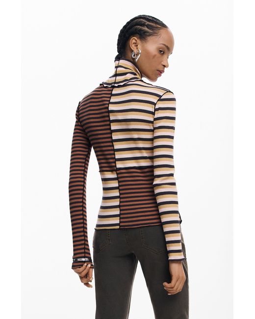 Desigual Brown Long-Sleeved T-Shirt With High Neck, Cotton