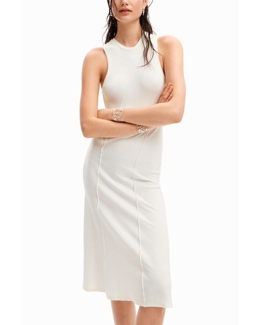Desigual White Ribbed Patchwork Midi Dress, Viscose