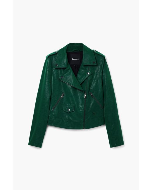 Desigual Green Textured Biker Jacket, Polyurethane