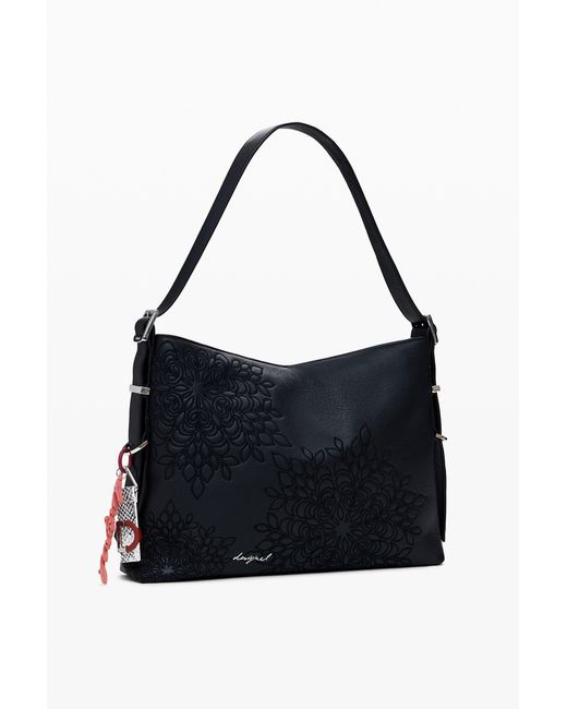 Desigual Black Medium Embroidered Faux Leather Bag, Polyurethane