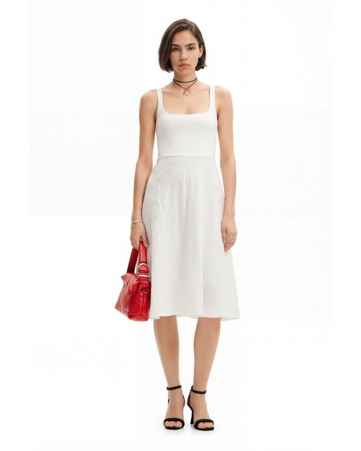 Desigual White A-Line Midi Dress, Cotton