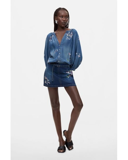 Desigual Blue Embroidered Denim Dress