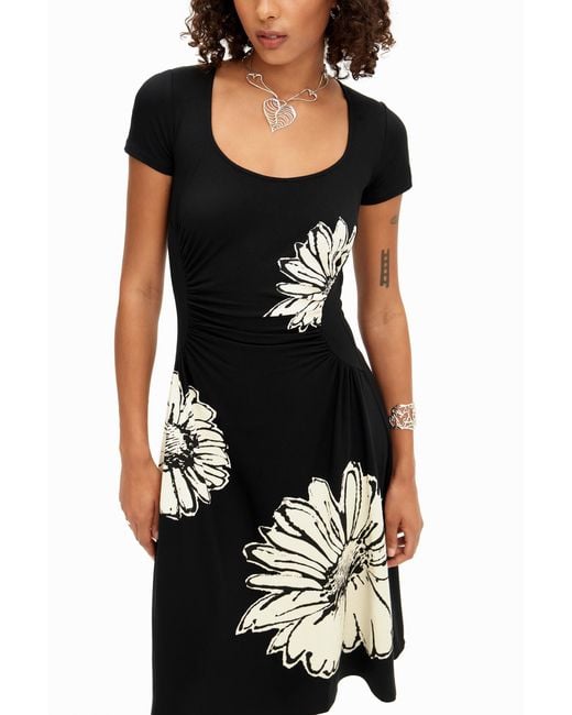 Desigual Black Short-Sleeved Midi Dress With Neckline And Daisies. Viscose