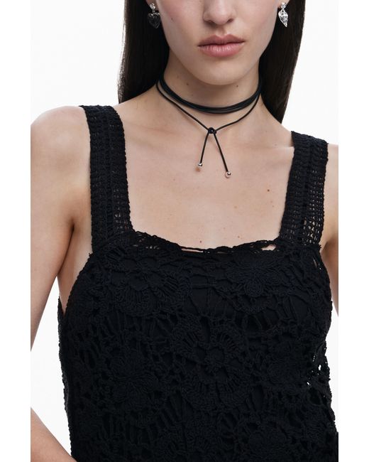 Desigual Black Crochet Mini Dress, Cotton